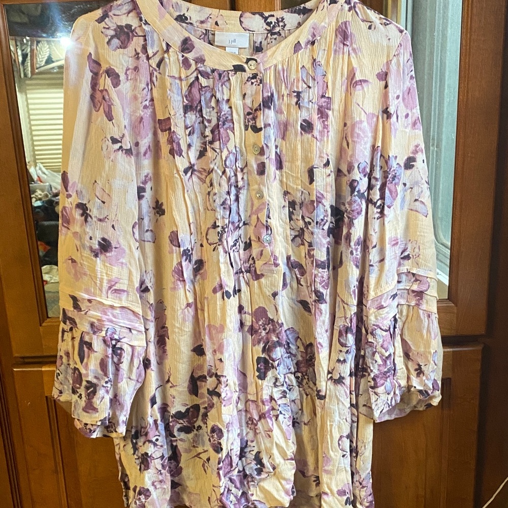 J. Jill Purple / Cream Floral Oversized Pleated Size Medium Blouse Fall Career